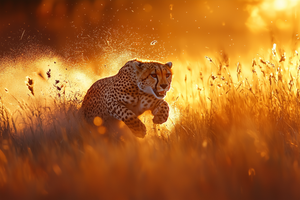 High-Speed Photograph of Cheetah in Mid-Sprint on Savannah