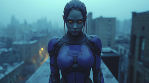 Live-Action Widowmaker on Rooftop in Moonlit Cityscape