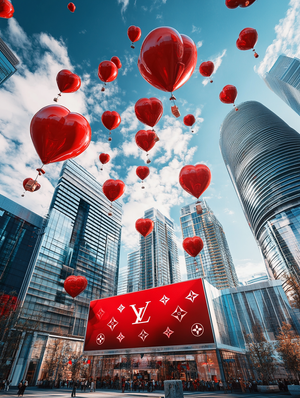 Louis Vuitton Advertising Display with Red Balloon Decor