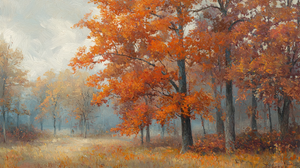 Misty Autumn Oil Painting with Trees in Muted Tones