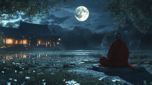 Monk Meditating Under Moonlight by a Tranquil Pond