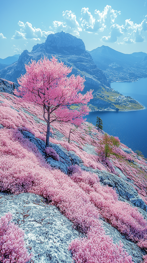 Mountain Top Scene with Pink Tree and Lake in Kodak Aerochrome