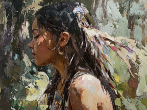 Native American Girl in Forest with Expressive Palette Knife Technique