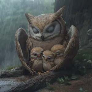 Natural Beauty of Owls Perched Calmly on a Woodland Branch