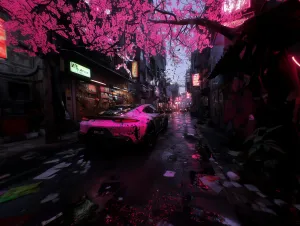 Pink Sports Car in Futuristic City