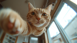 Playful Cat Indoors with Fisheye Lens Perspective