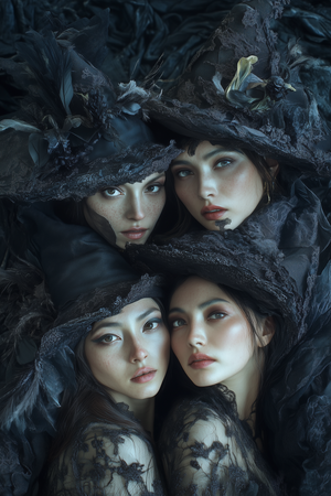 Portrait of Four Witches Staring at the Camera