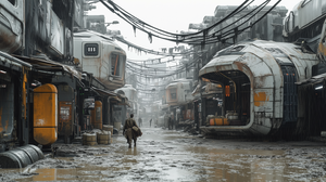 Rain-Soaked Sci-Fi Cityscape with Grimy Prefab Buildings