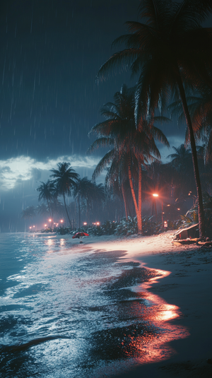 Rainy Night Beach Scene with Palm Trees