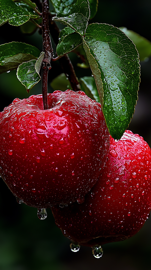 Red Apples with Water Droplets on Tree Branch