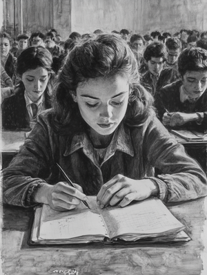 Retro Portrait of Girl in Class at University of Paris