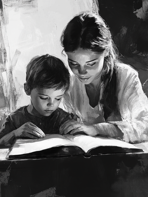 Retro Portrait of Mother Teaching Son