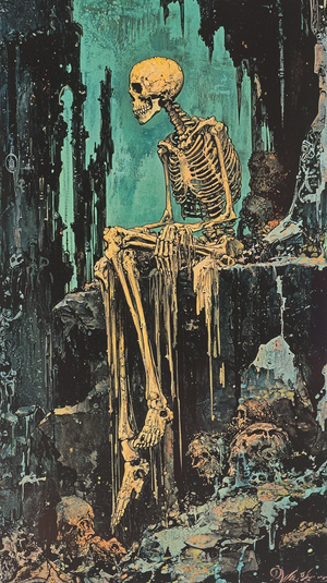 Ruins of the Fallen Skeleton King in 1970s Dark Fantasy Art