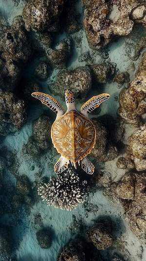 Sea Turtle Gliding Over Vibrant Coral Reef