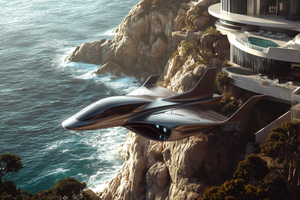 Sleek VTOL Hovering Over Futuristic Cliffside Villa