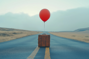 Suitcase with Balloon on Open Road Symbolizing Adventure