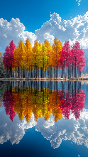 Symmetrical Landscape of Colorful Trees Reflected in Lake