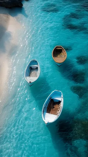 Three Boats Floating in Clear Blue Waters by a Sandy Beach