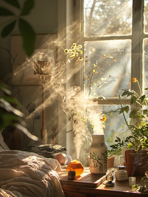 Warm Product Photography of Humidifier in Sunlit Bedroom