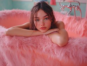 Whimsical Close-Up of Model on Coral Fluffy Bathtub