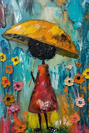 A Vibrant Painting of Woman Holding an Umbrella