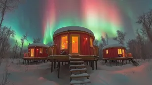 Cabins Beneath a Green Aurora