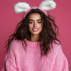 Cheerful Woman Basking in Fluffy Pink Sweater