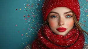 Frosty Charm: A Woman Dressed in Vibrant Red