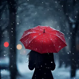 Girl with Red Umbrella Embracing the Snowfall