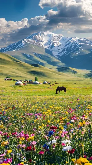 Horse Grazing Amidst Vibrant Flowers