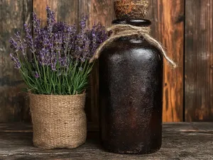 Lavender Next to a Lavender Essential Oil in a bottle