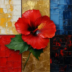 Painting of a Red Flower over Colorful Mosaic