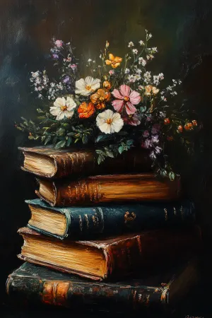 Painting of a Stack of Books and Flowers on Top