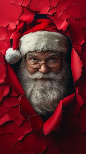 Santa Claus Emerging from a Tear in Red Paper