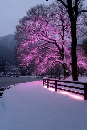 Tree Covered in Pink Lights and Snow