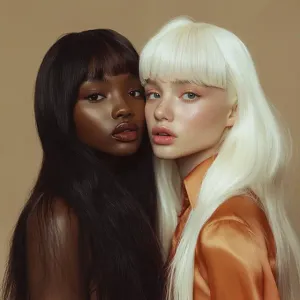 Trendsetting Duo in Wig Advertisement Photoshoot