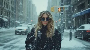 Woman in a Snow-Kissed City Street